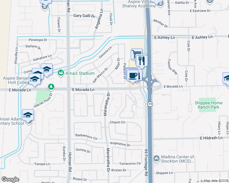 map of restaurants, bars, coffee shops, grocery stores, and more near 9428 Lembert Dome Circle in Stockton