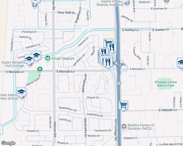 map of restaurants, bars, coffee shops, grocery stores, and more near 9428 Lembert Dome Circle in Stockton