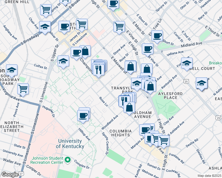 map of restaurants, bars, coffee shops, grocery stores, and more near 371 Aylesford Place in Lexington