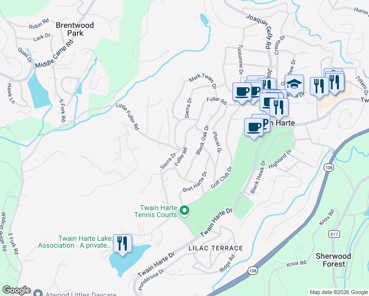 map of restaurants, bars, coffee shops, grocery stores, and more near 22846 Fuller Road in Twain Harte