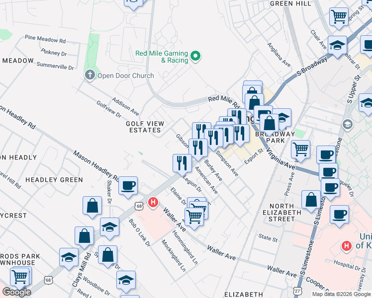 map of restaurants, bars, coffee shops, grocery stores, and more near 417 Gibson Avenue in Lexington