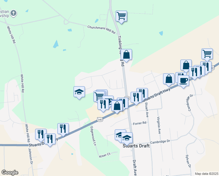 map of restaurants, bars, coffee shops, grocery stores, and more near 78 Highland Drive in Stuarts Draft