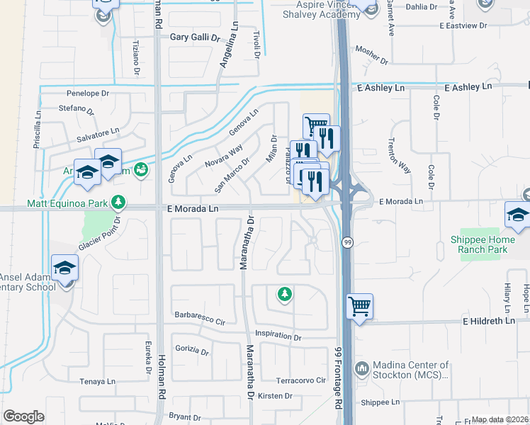 map of restaurants, bars, coffee shops, grocery stores, and more near 9428 Lembert Dome Circle in Stockton