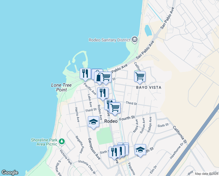 map of restaurants, bars, coffee shops, grocery stores, and more near 122 Railroad Avenue in Rodeo