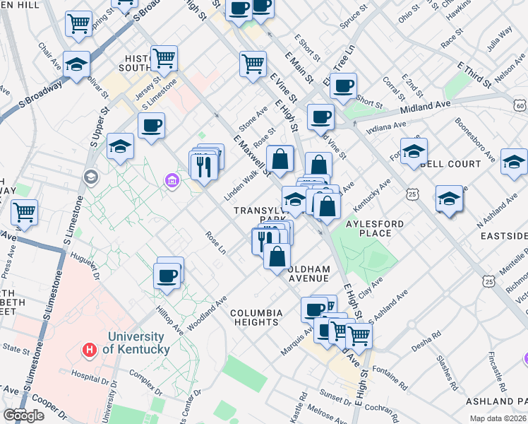 map of restaurants, bars, coffee shops, grocery stores, and more near 332 Aylesford Place in Lexington