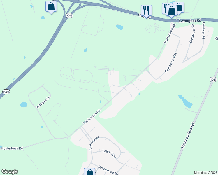 map of restaurants, bars, coffee shops, grocery stores, and more near 3352 Huntertown Road in Versailles
