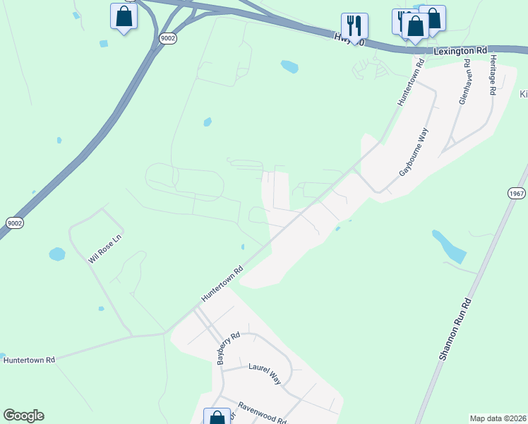 map of restaurants, bars, coffee shops, grocery stores, and more near 3352 Huntertown Road in Versailles