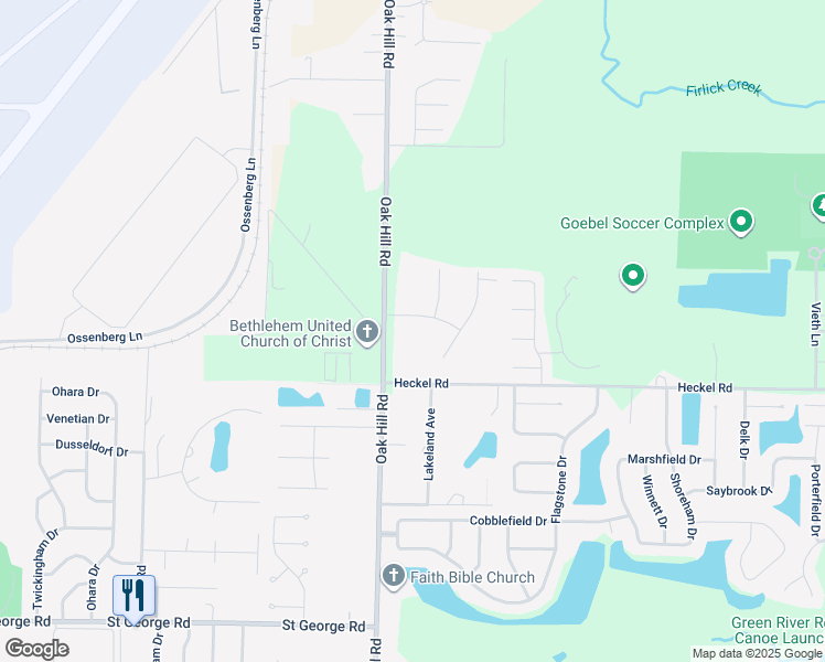 map of restaurants, bars, coffee shops, grocery stores, and more near 6531 Oak Hill Road in Evansville