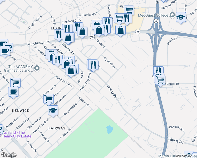 map of restaurants, bars, coffee shops, grocery stores, and more near 1640 Liberty Rd in Lexington