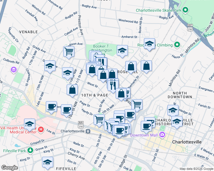 map of restaurants, bars, coffee shops, grocery stores, and more near 824 Preston Avenue in Charlottesville