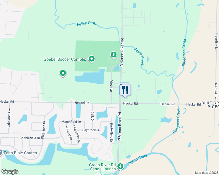 map of restaurants, bars, coffee shops, grocery stores, and more near 4510 Heckel Road in Evansville