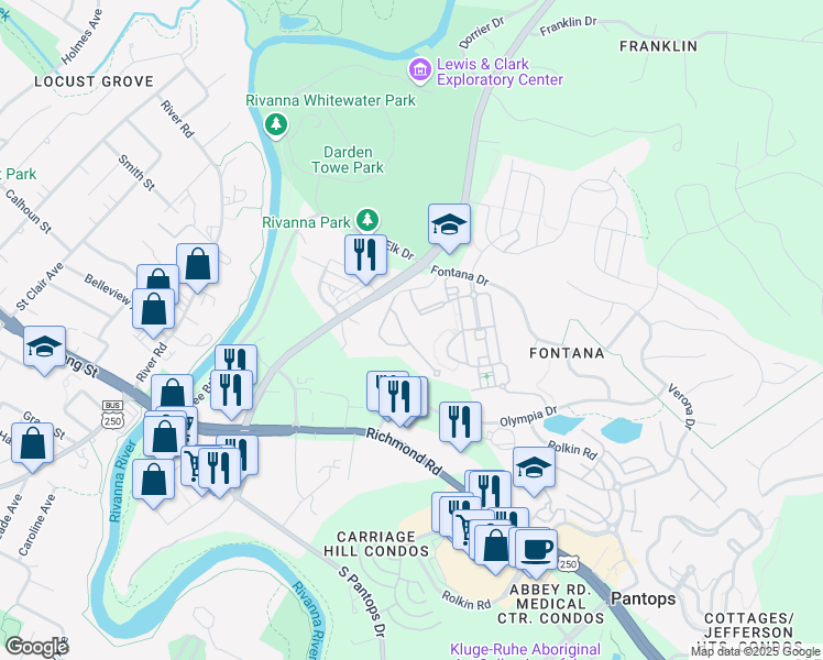 map of restaurants, bars, coffee shops, grocery stores, and more near 65 Wilton Pasture Lane in Charlottesville