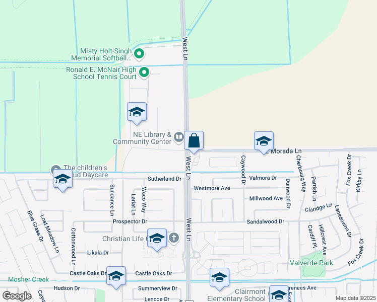 map of restaurants, bars, coffee shops, grocery stores, and more near West Ln & Morada Ln in Stockton