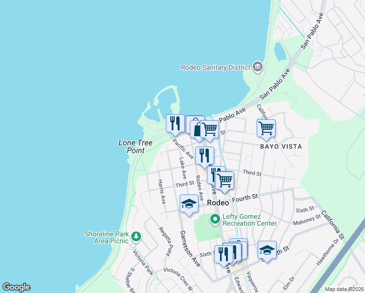 map of restaurants, bars, coffee shops, grocery stores, and more near in Rodeo