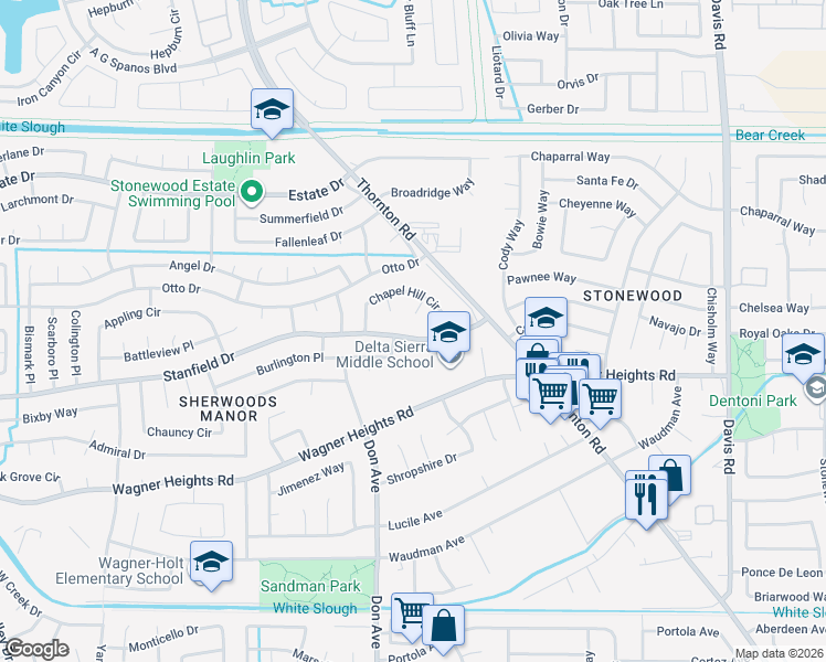 map of restaurants, bars, coffee shops, grocery stores, and more near 2361 Stanfield Drive in Stockton