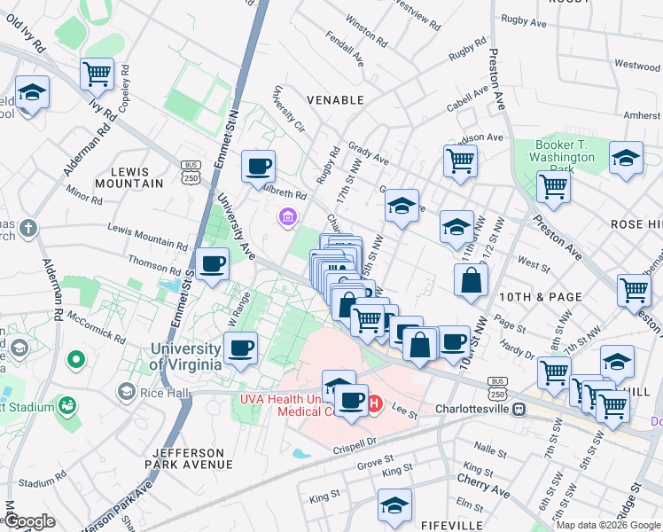 map of restaurants, bars, coffee shops, grocery stores, and more near 129 Chancellor Street in Charlottesville