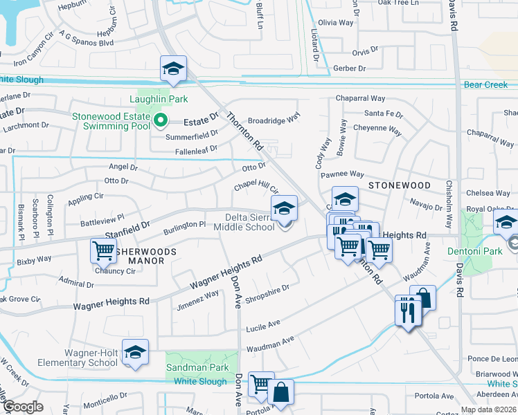 map of restaurants, bars, coffee shops, grocery stores, and more near 2361 Stanfield Drive in Stockton