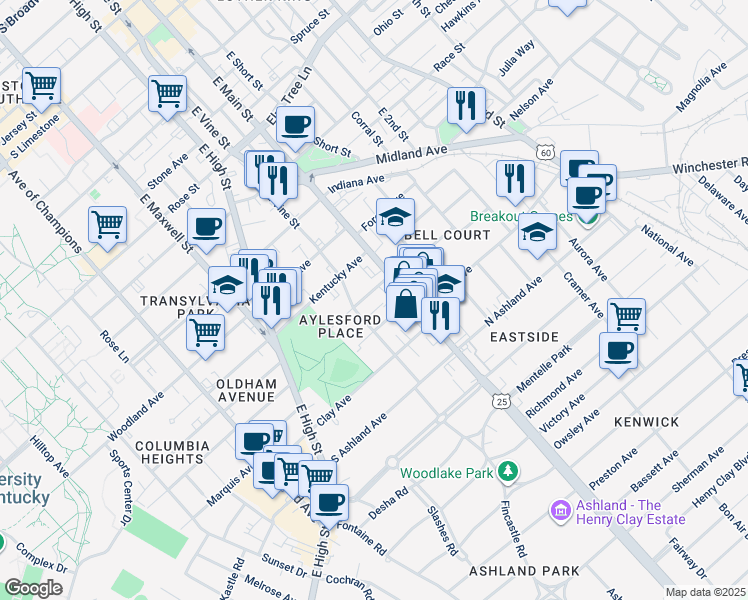 map of restaurants, bars, coffee shops, grocery stores, and more near 122 Old Park Avenue in Lexington