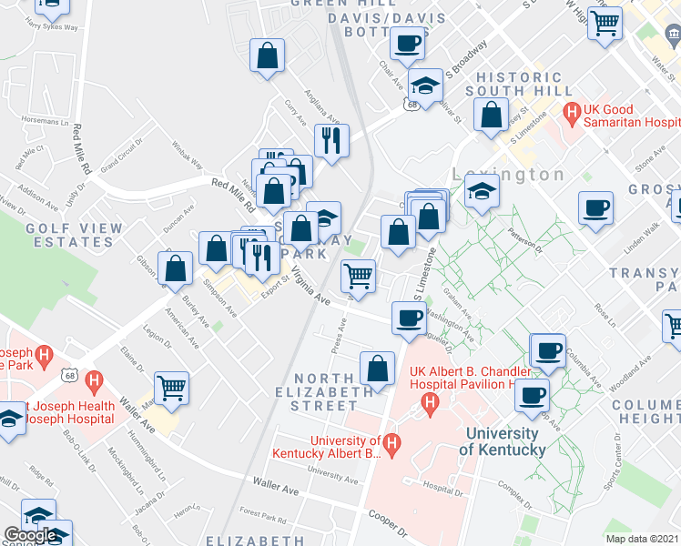 map of restaurants, bars, coffee shops, grocery stores, and more near 695 Winnie Street in Lexington
