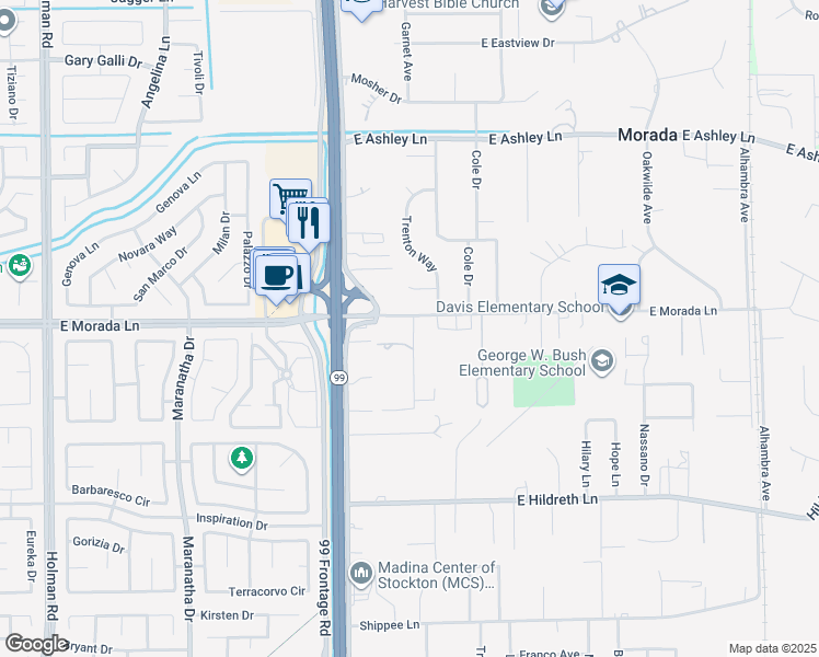 map of restaurants, bars, coffee shops, grocery stores, and more near 4608 East Morada Lane in Stockton