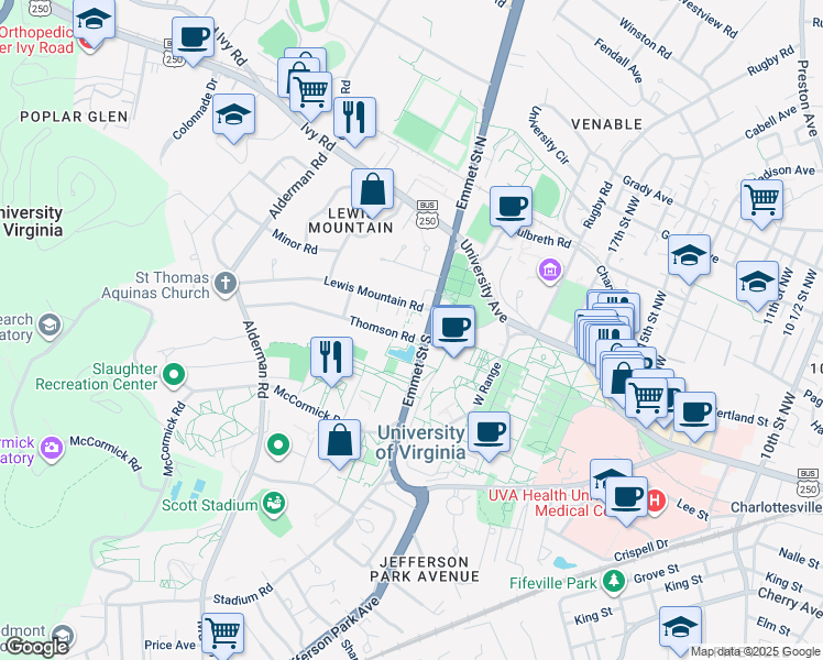 map of restaurants, bars, coffee shops, grocery stores, and more near 1901 Thomson Road in Charlottesville