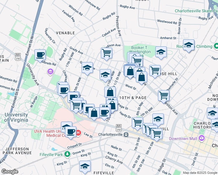 map of restaurants, bars, coffee shops, grocery stores, and more near 334 11th St NW in Charlottesville