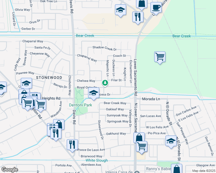 map of restaurants, bars, coffee shops, grocery stores, and more near Royal Oaks Dr & Majestic Ln in Stockton