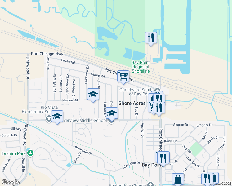 map of restaurants, bars, coffee shops, grocery stores, and more near 35 Canal Drive in Bay Point