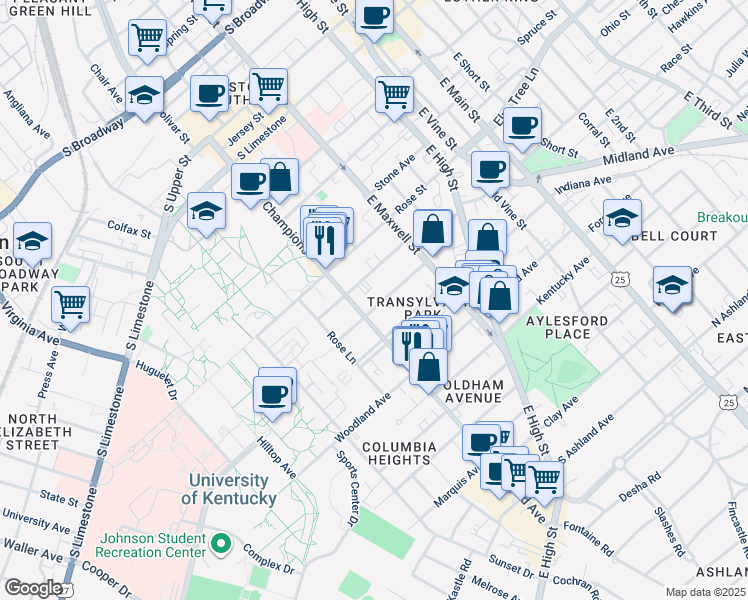 map of restaurants, bars, coffee shops, grocery stores, and more near 363 Aylesford Place in Lexington