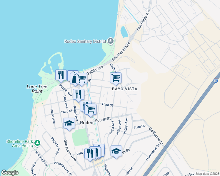 map of restaurants, bars, coffee shops, grocery stores, and more near 919 Mariposa Street in Rodeo