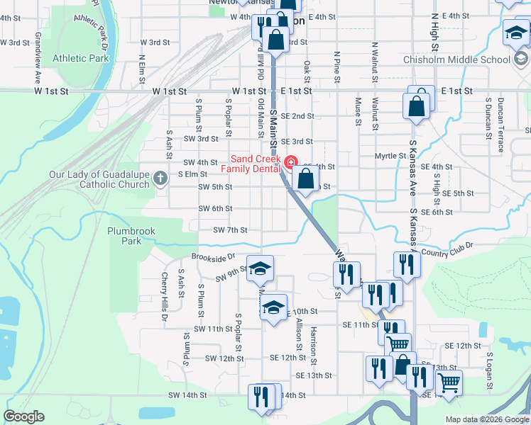 map of restaurants, bars, coffee shops, grocery stores, and more near 600 Old Main Street in Newton