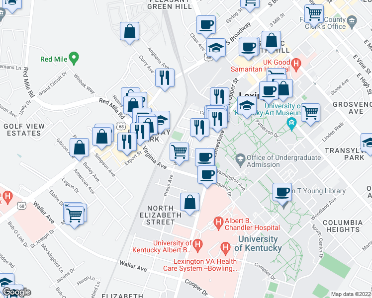 map of restaurants, bars, coffee shops, grocery stores, and more near 633 Maxwelton Court in Lexington