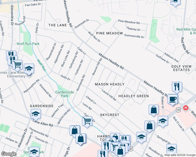 map of restaurants, bars, coffee shops, grocery stores, and more near 1729 Albemarle Road in Lexington