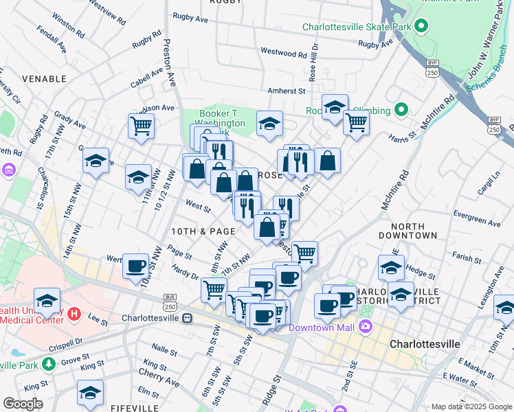 map of restaurants, bars, coffee shops, grocery stores, and more near 619 Forest Street in Charlottesville