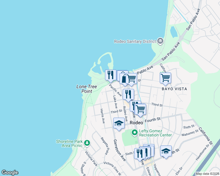 map of restaurants, bars, coffee shops, grocery stores, and more near 28 Pacific Avenue in Rodeo