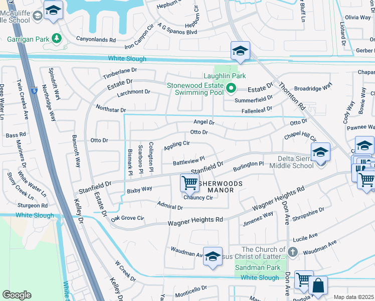map of restaurants, bars, coffee shops, grocery stores, and more near 9552 Battleview Court in Stockton
