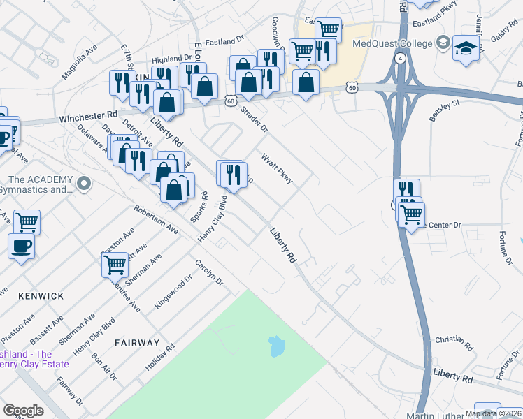 map of restaurants, bars, coffee shops, grocery stores, and more near 1640 Liberty Road in Lexington