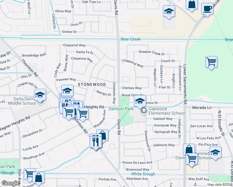 map of restaurants, bars, coffee shops, grocery stores, and more near 9504 Chisholm Way in Stockton