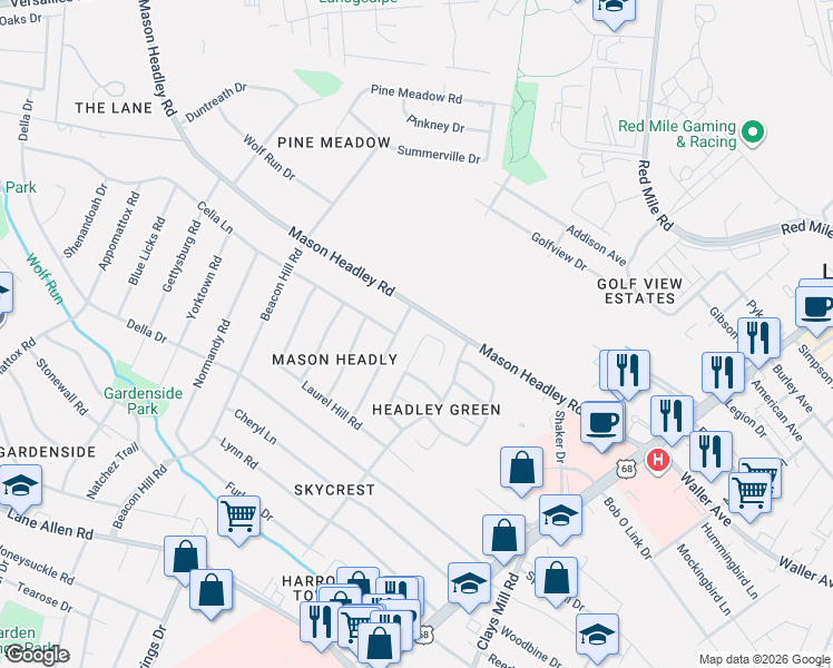 map of restaurants, bars, coffee shops, grocery stores, and more near 1757 Headley Green in Lexington