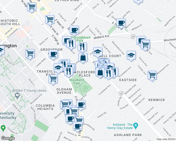 map of restaurants, bars, coffee shops, grocery stores, and more near 147 Old Park Avenue in Lexington