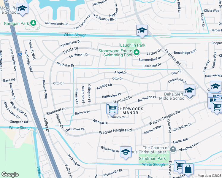 map of restaurants, bars, coffee shops, grocery stores, and more near 9552 Battleview Court in Stockton
