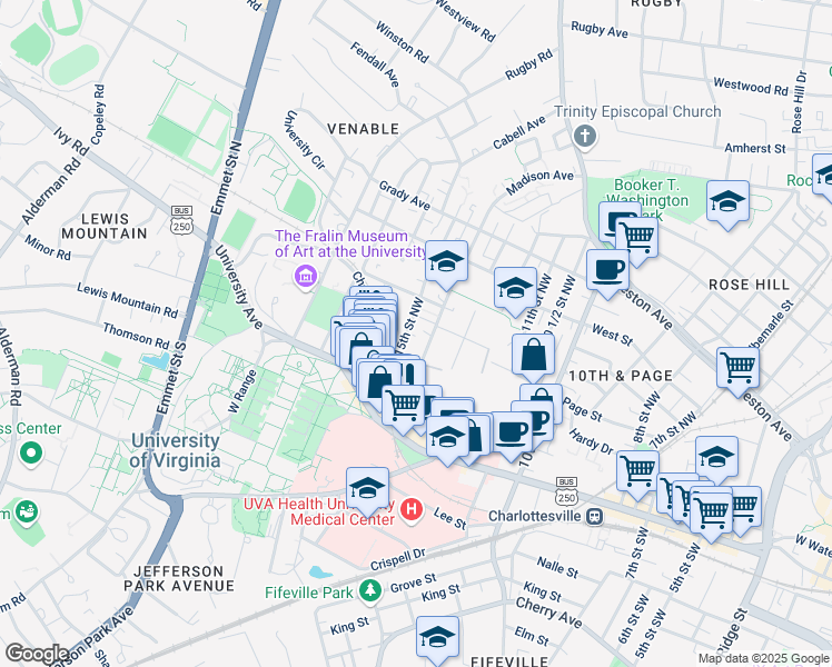 map of restaurants, bars, coffee shops, grocery stores, and more near in Charlottesville