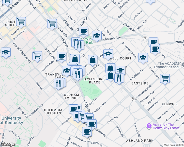 map of restaurants, bars, coffee shops, grocery stores, and more near 155 Kentucky Avenue in Lexington