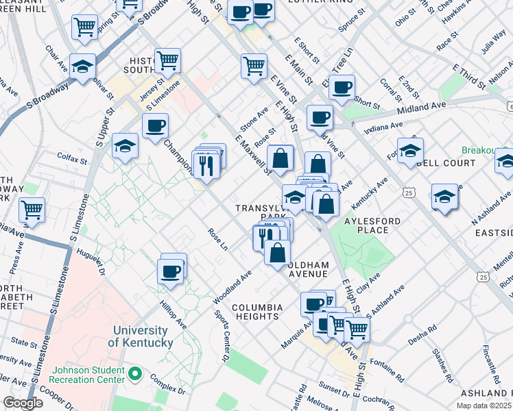 map of restaurants, bars, coffee shops, grocery stores, and more near 332 Aylesford Place in Lexington