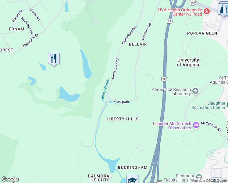 map of restaurants, bars, coffee shops, grocery stores, and more near 55 Canterbury Rd in Charlottesville