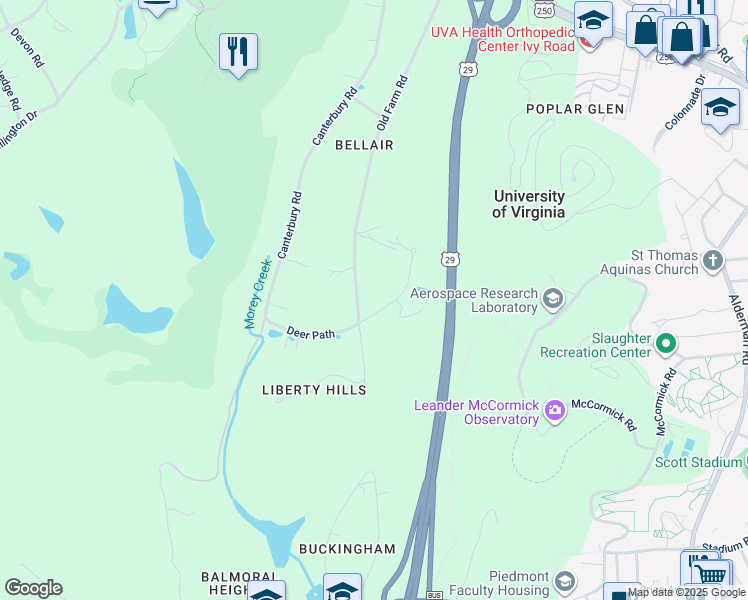 map of restaurants, bars, coffee shops, grocery stores, and more near 39 Old Farm Road in Charlottesville