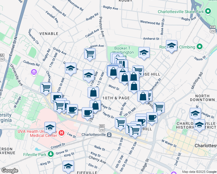 map of restaurants, bars, coffee shops, grocery stores, and more near 925 West Street in Charlottesville
