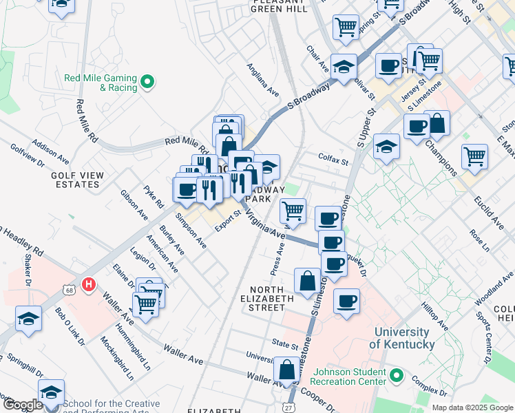 map of restaurants, bars, coffee shops, grocery stores, and more near 325 Old Virginia Avenue in Lexington