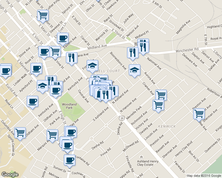 map of restaurants, bars, coffee shops, grocery stores, and more near 704 Bullock Place in Lexington