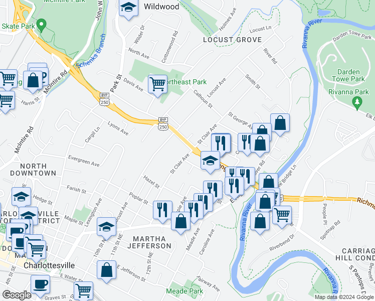 map of restaurants, bars, coffee shops, grocery stores, and more near 1016 Long Street in Charlottesville
